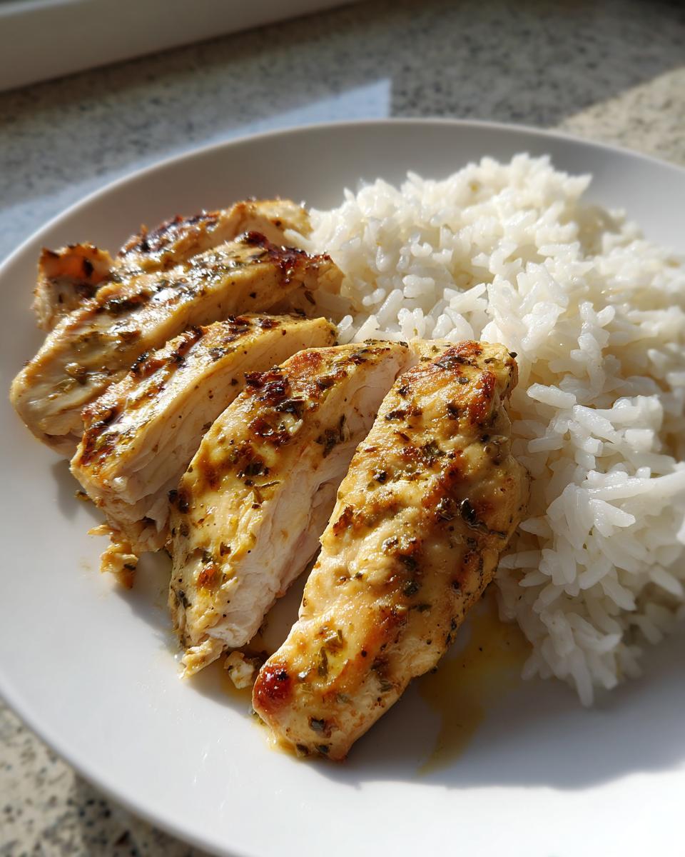 Aufgeschnittenes, gewürztes Hähnchenbrustfilet neben einer Portion weißem Reis auf einem weißen Teller, ein Gericht, das man Das konnte ich jede Woche essen.