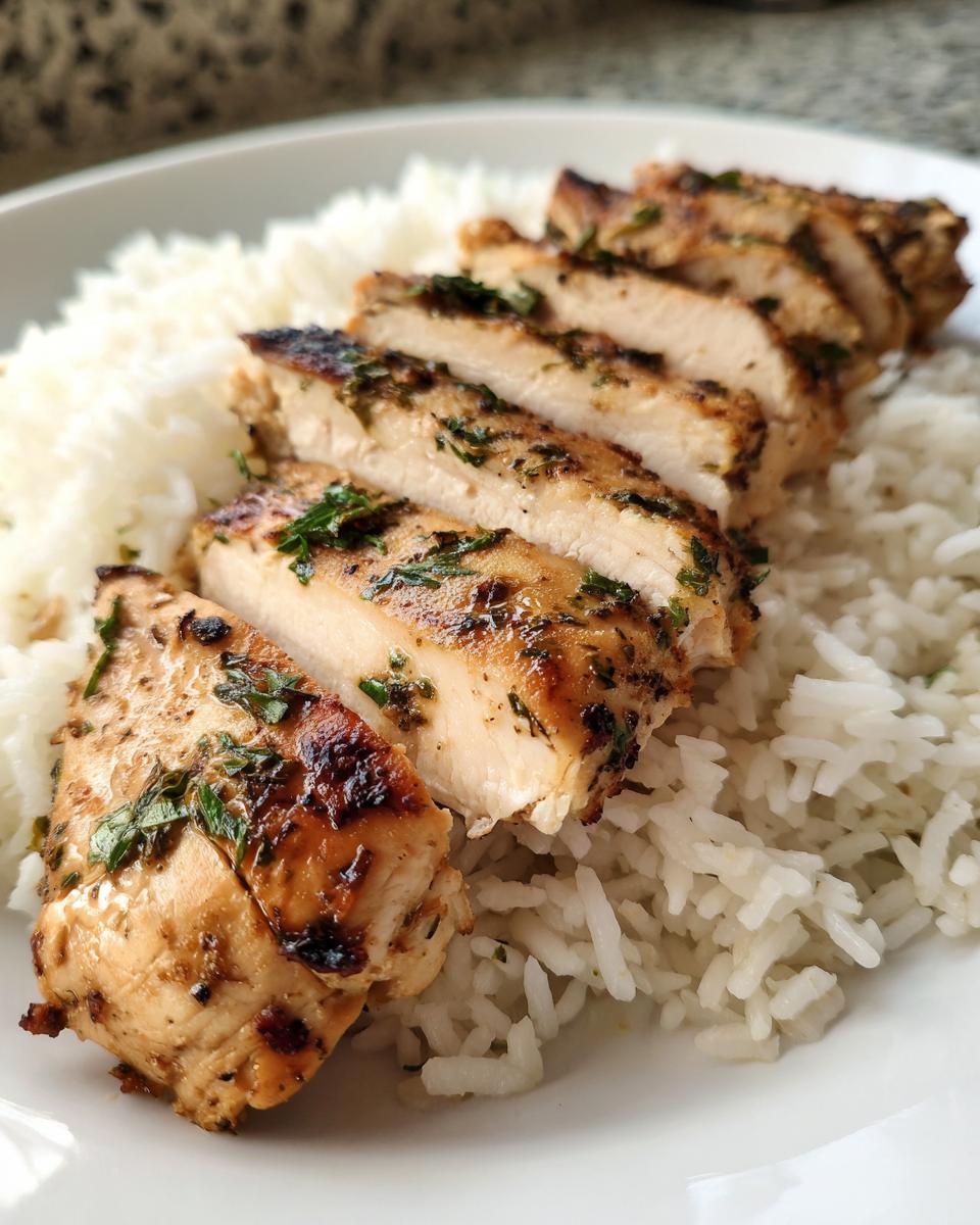 Geschnittenes, gebratenes Hähnchenbrustfilet mit Kräutern auf weißem Reis, ein Gericht, das man Das konnte ich jede Woche essen.