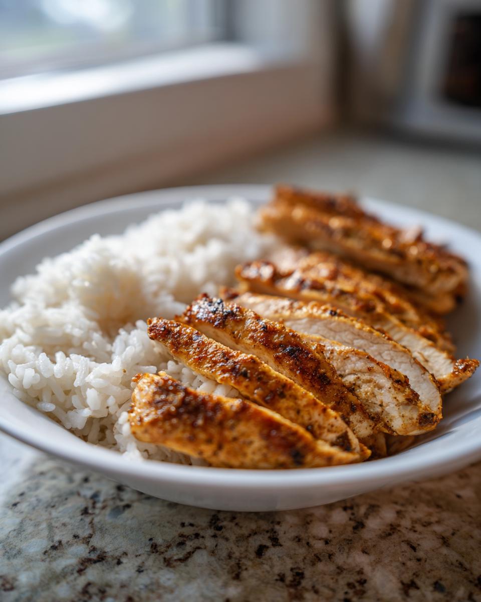 Geschnittenes, gewürztes Hähnchenbrustfilet auf weißem Reis in einer Schüssel. Das könnte ich jede Woche essen.