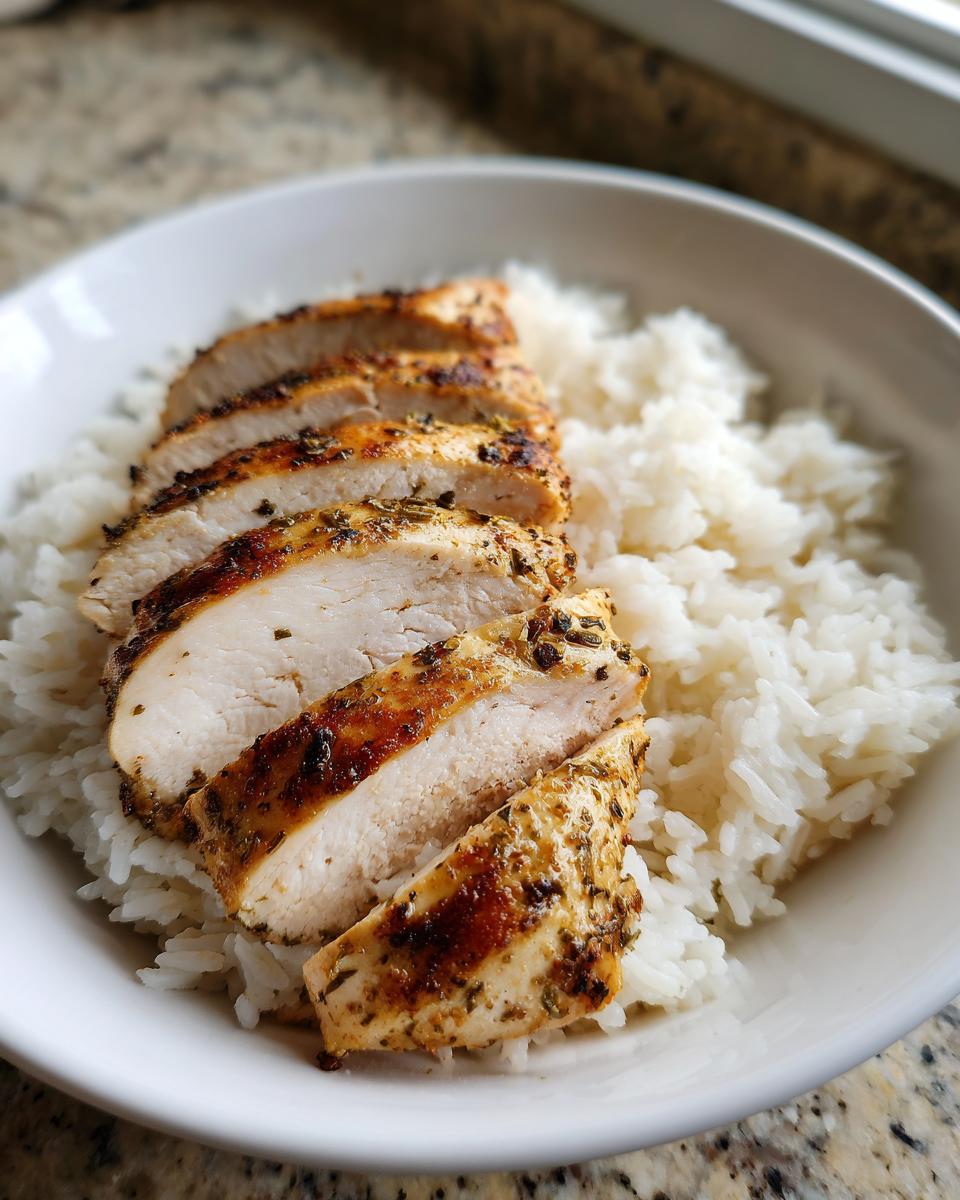 Geschnittenes, gewürztes Hähnchenbrustfilet auf weißem Reis in einer weißen Schüssel, ein Gericht, das man Das konnte ich jede Woche essen.