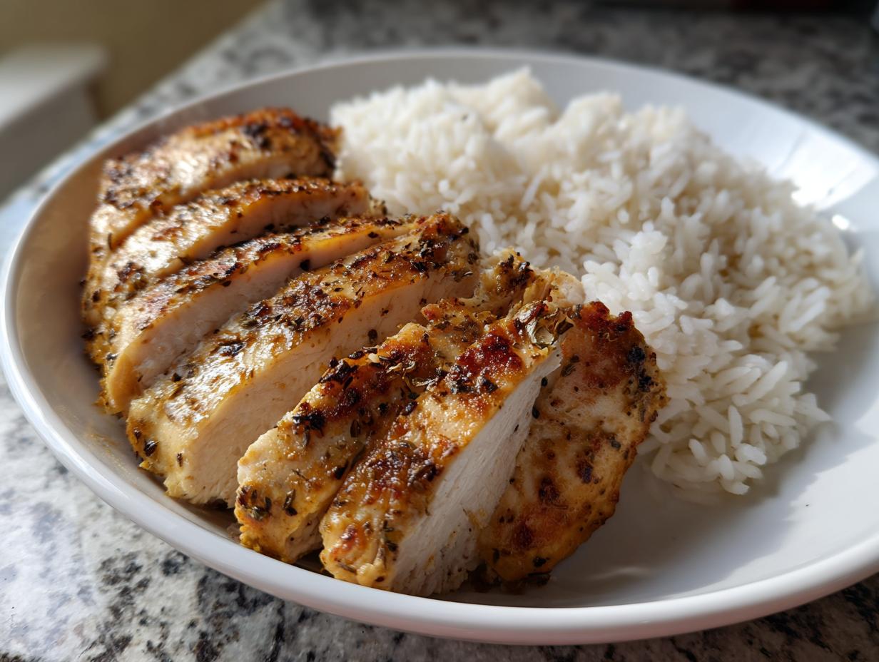 Aufgeschnittenes, gewürztes Hähnchenbrustfilet mit lockerem Reis auf einem weißen Teller – ein Gericht, das man Das konnte ich jede Woche essen.