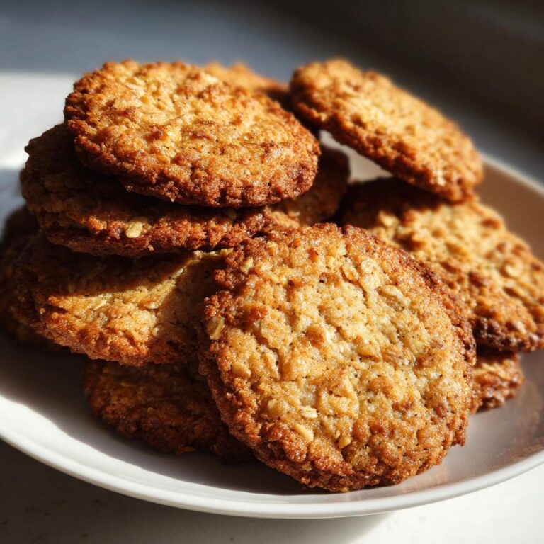 Stapel goldbrauner Haferflocken-Walnuss-Taler, knusprig gebacken, auf einem weißen Teller.