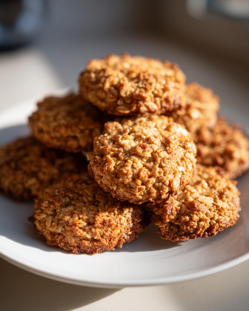 Ein Stapel goldbrauner Haferflocken-Walnuss-Taler, knusprig gebacken, auf einem weißen Teller.