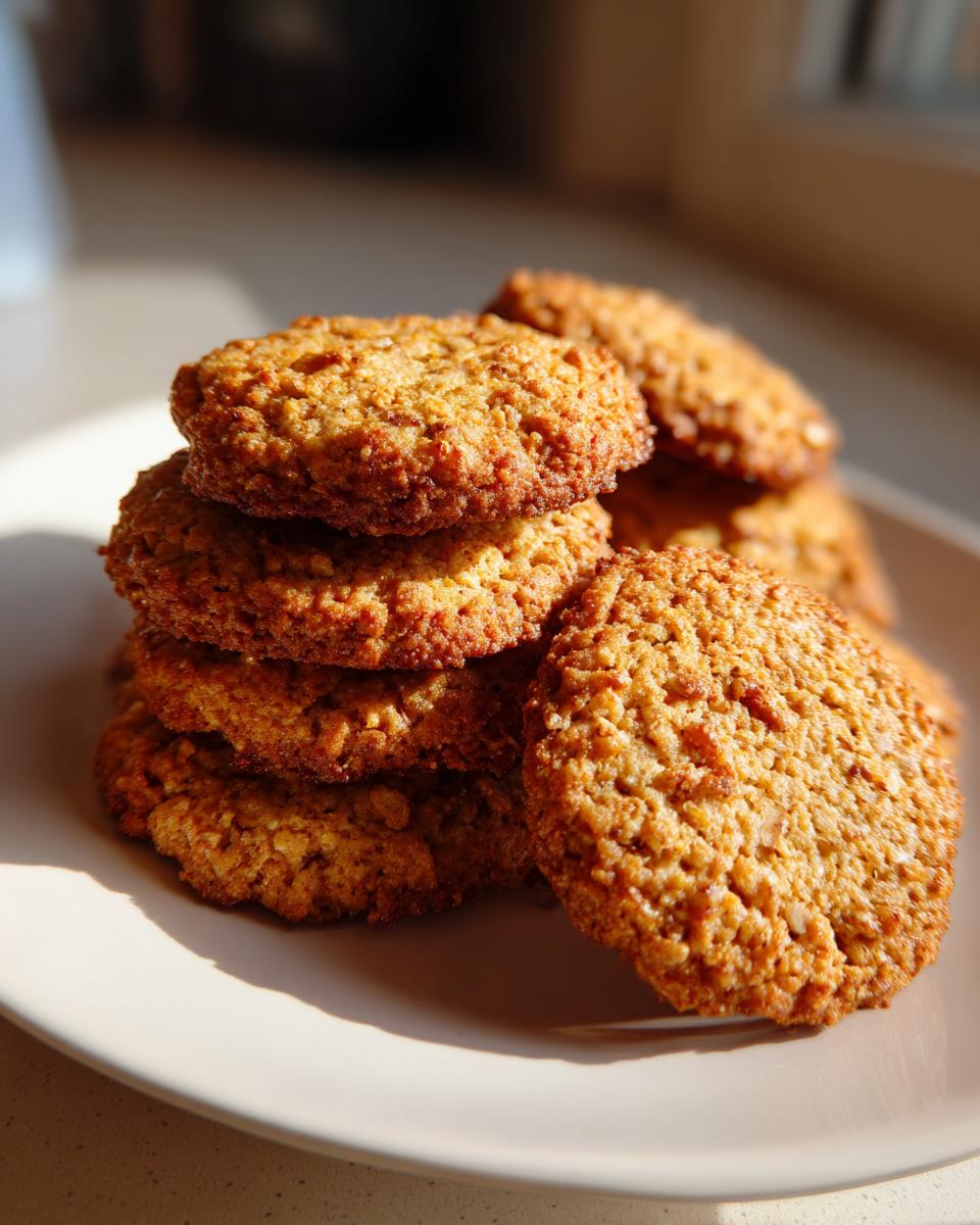 Stapel goldbrauner Haferflocken-Walnuss-Taler auf einem hellen Teller, beleuchtet durch warmes Sonnenlicht.