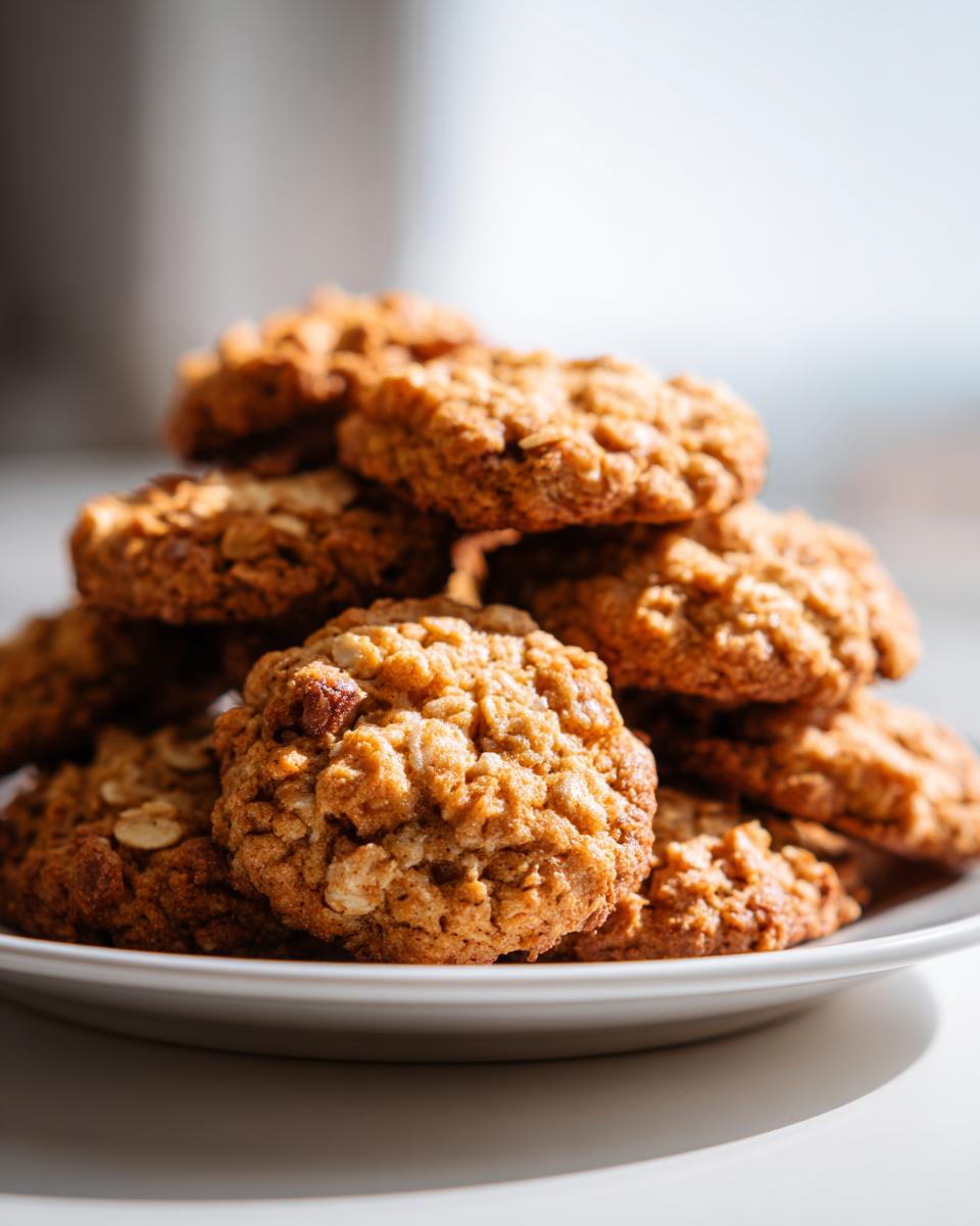 Ein Stapel goldbrauner Haferflocken-Walnuss-Taler, die auf einem weißen Teller appetitlich angerichtet sind.