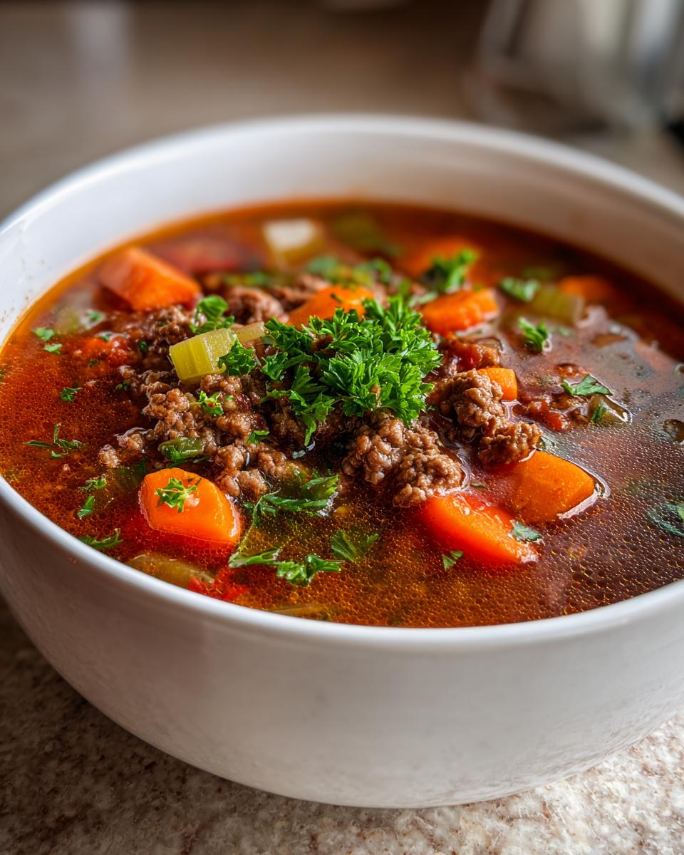 Nahaufnahme einer Schüssel Hamburger Suppe mit 500g Hackfleisch, Karottenstücken und Petersilie.