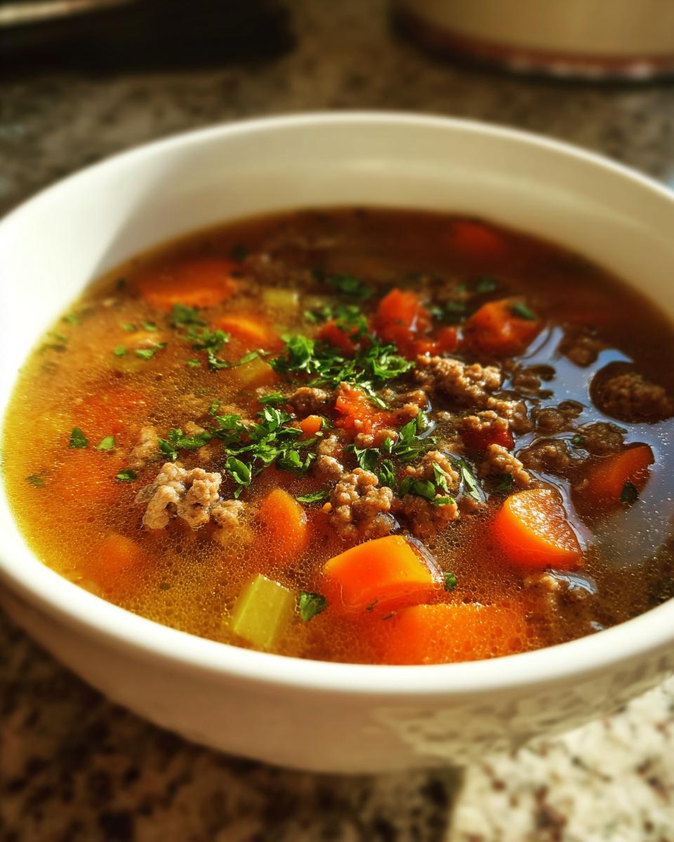 Nahaufnahme einer Schüssel Hamburger Suppe mit 500g Hackfleisch, Karottenstücken und frischer Petersilie.