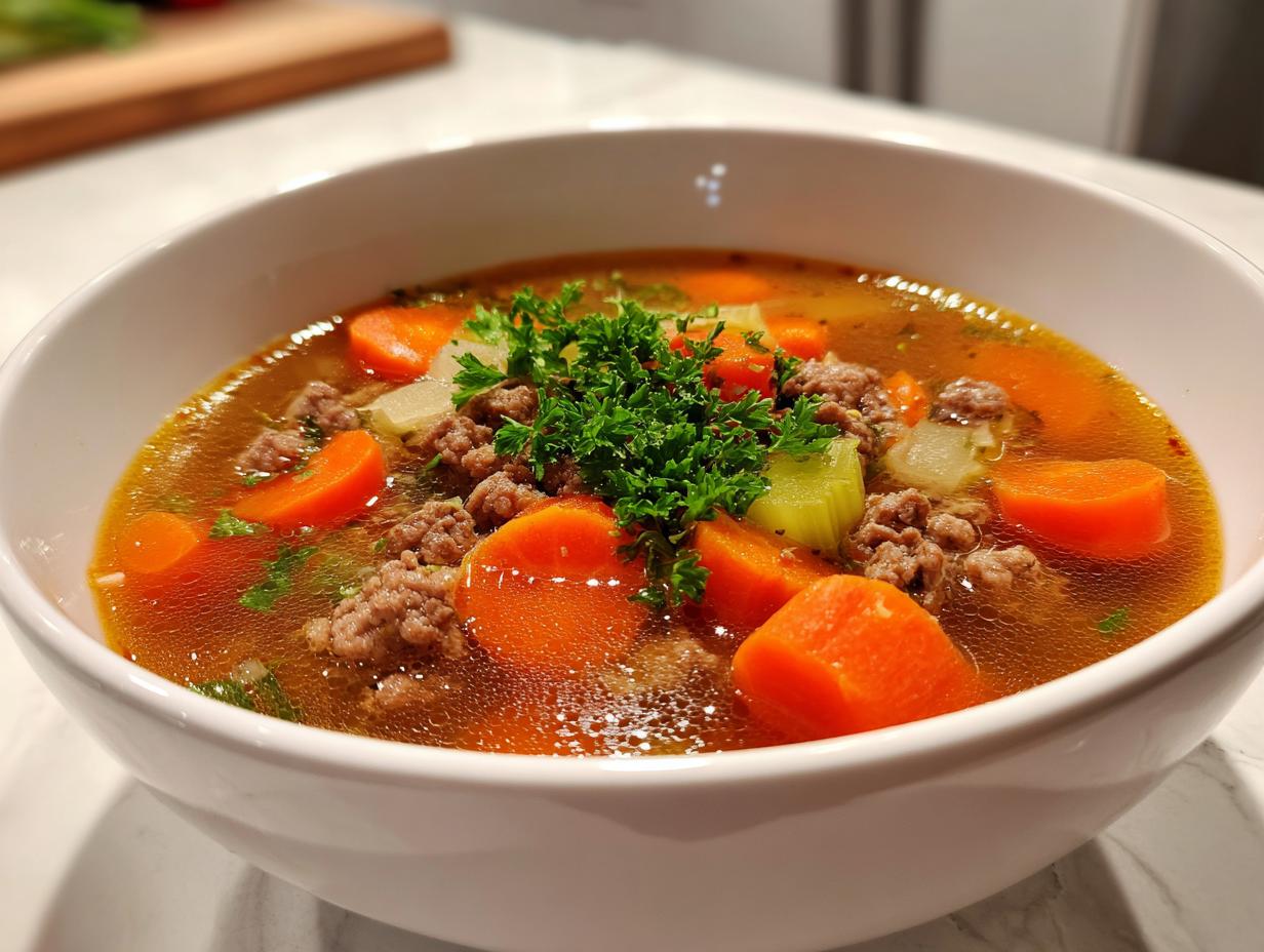 Nahaufnahme einer dampfenden Hamburger Suppe mit 500g Hackfleisch, großen Karottenscheiben und Petersilie.