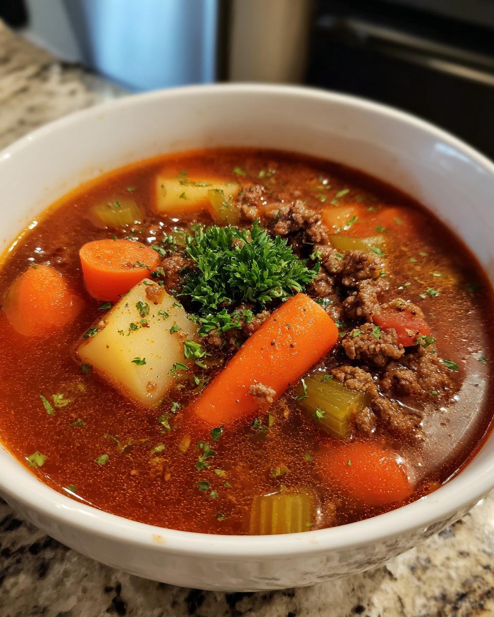 Nahaufnahme einer Schüssel Hamburger Suppe mit 500g Hackfleisch, Karottenstücken, Kartoffeln und Petersilie.
