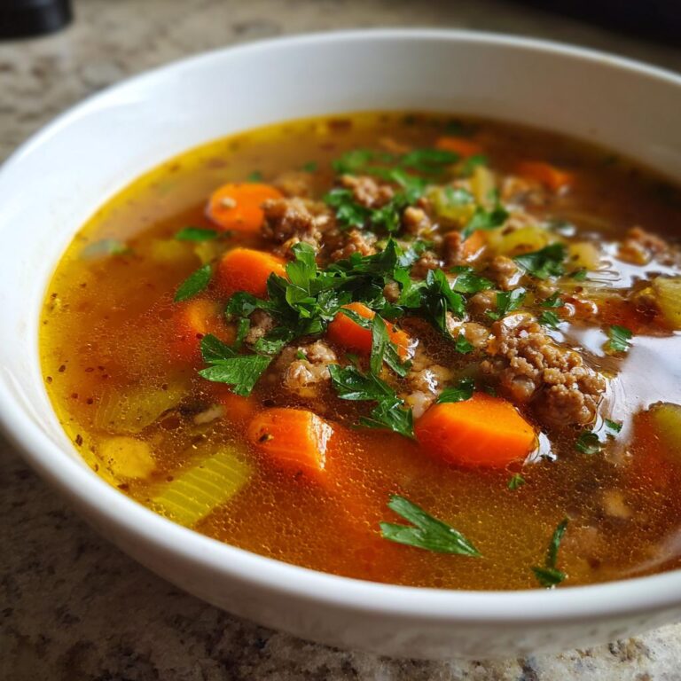Nahaufnahme einer Schüssel Hamburger Suppe mit Hackfleisch, Karottenstücken und frischer Petersilie.