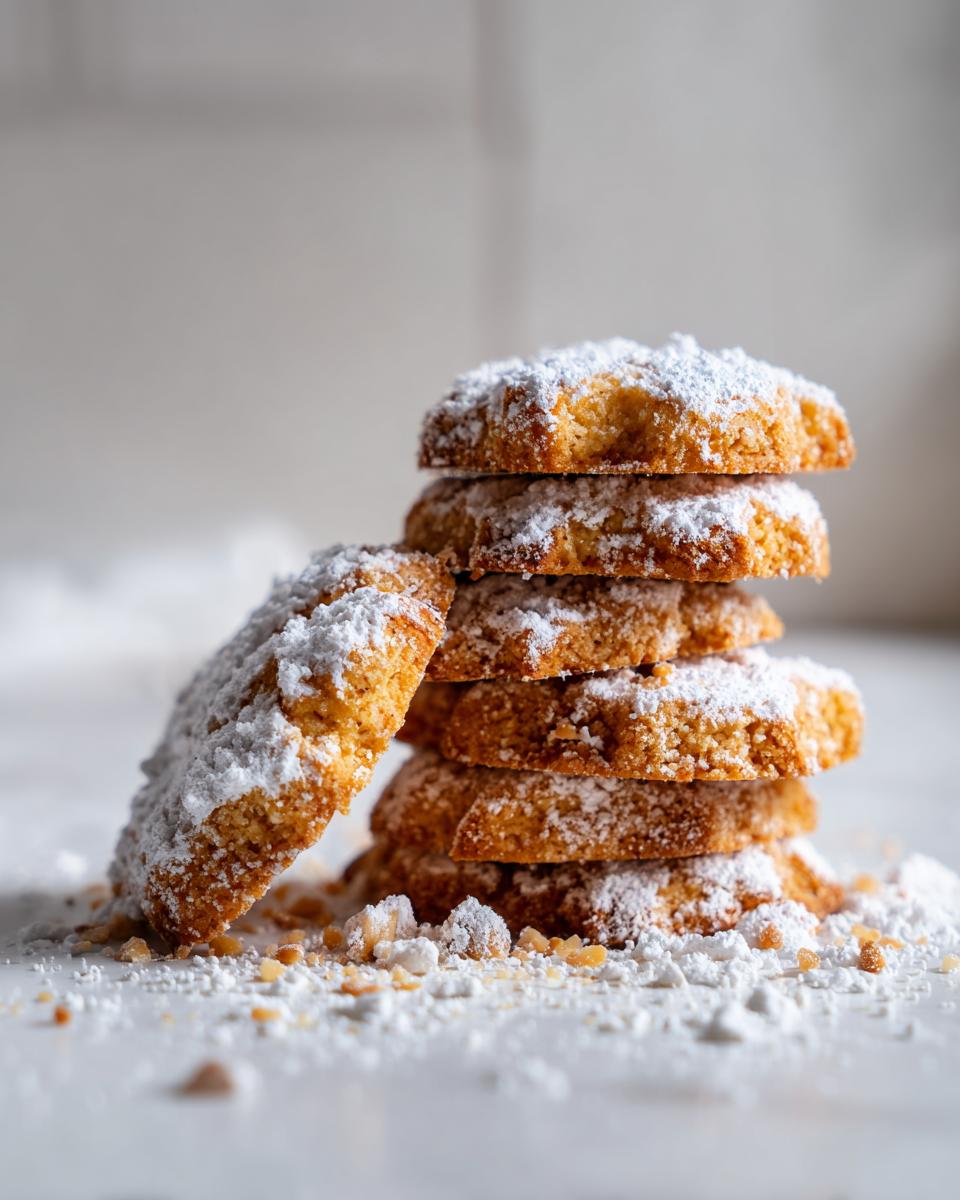 Stapel von goldbraunen Haselnussplätzchen, großzügig bestäubt mit Puderzucker.