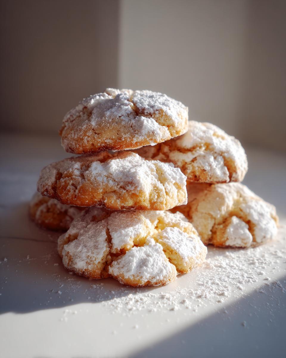 Stapel von knusprigen Haselnussplätzchen, großzügig mit Puderzucker bestäubt.