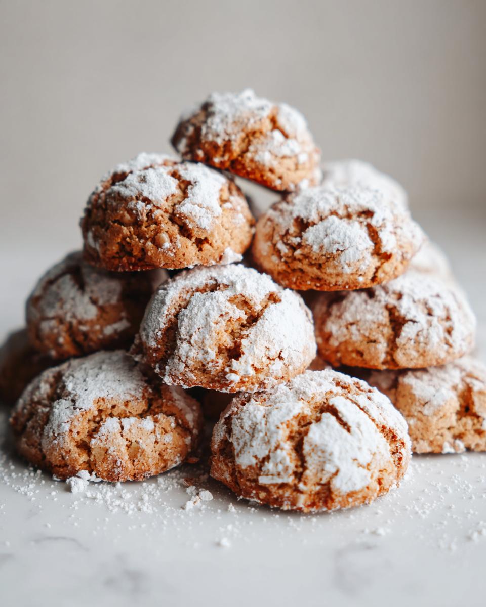 Ein Stapel frisch gebackener Haselnussplätzchen, großzügig mit Puderzucker bestäubt, auf einer Marmoroberfläche.