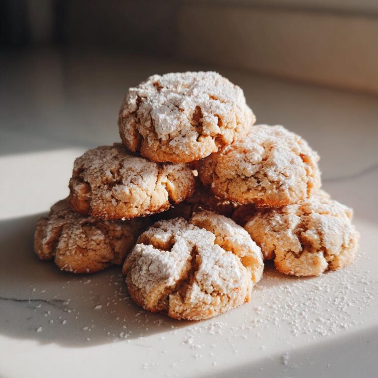 Ein Stapel frisch gebackener Haselnussplätzchen, bestäubt mit feinem Puderzucker.
