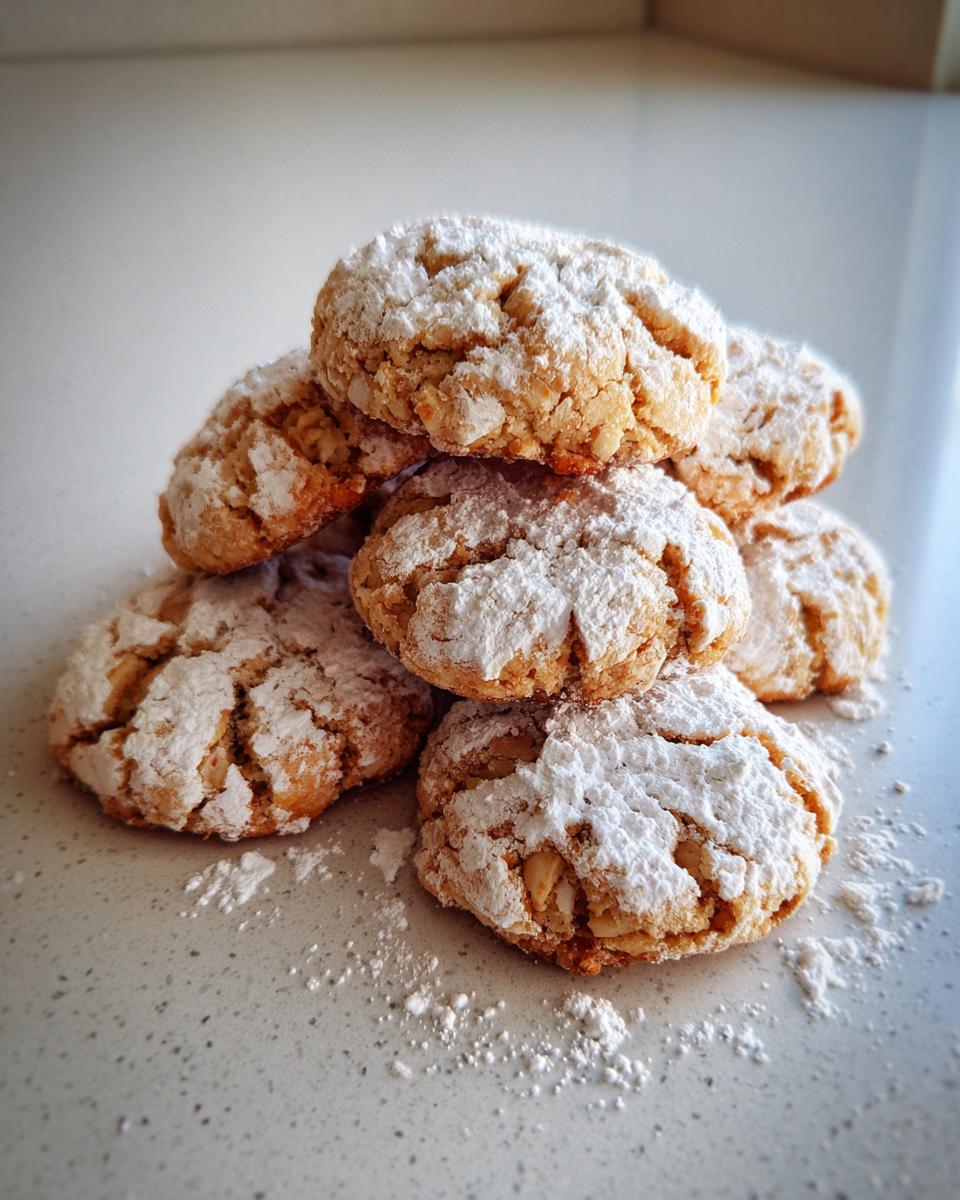 Stapel von frisch gebackenen Haselnussplätzchen, großzügig mit Puderzucker bestäubt.