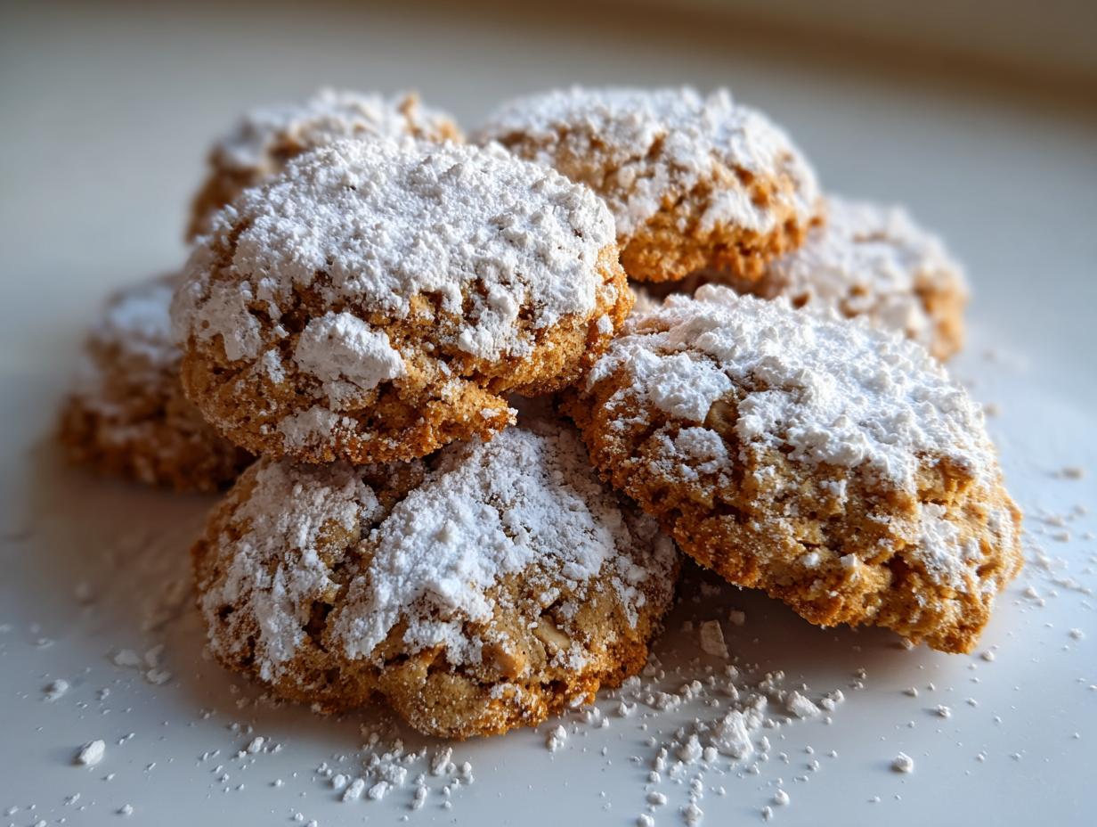 Stapel von frisch gebackenen Haselnussplätzchen, großzügig mit Puderzucker bestäubt.