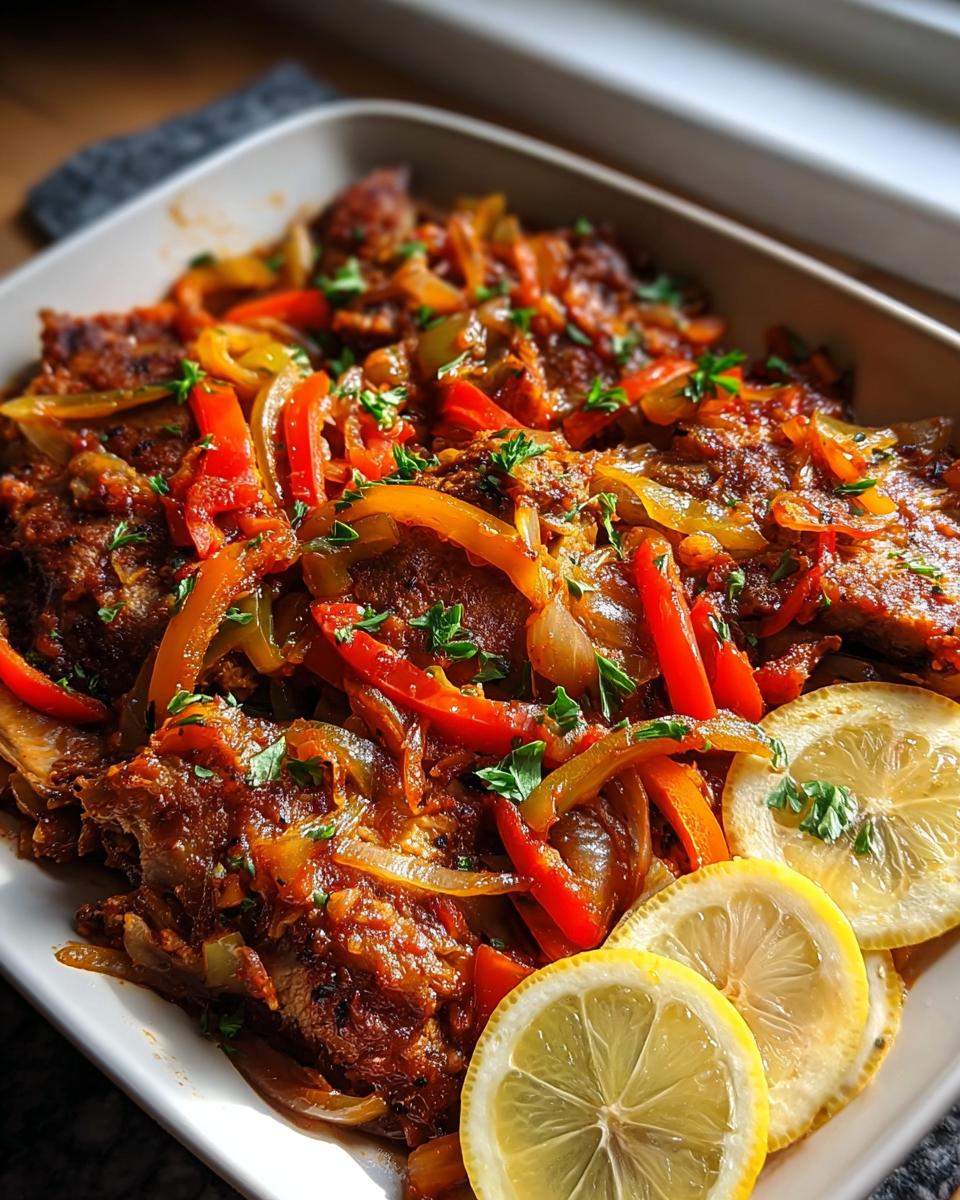 Eine Schüssel mit würzigem Teufelsfleisch, bedeckt mit gebratenen Paprikastreifen und Zwiebeln, garniert mit Zitronenscheiben.