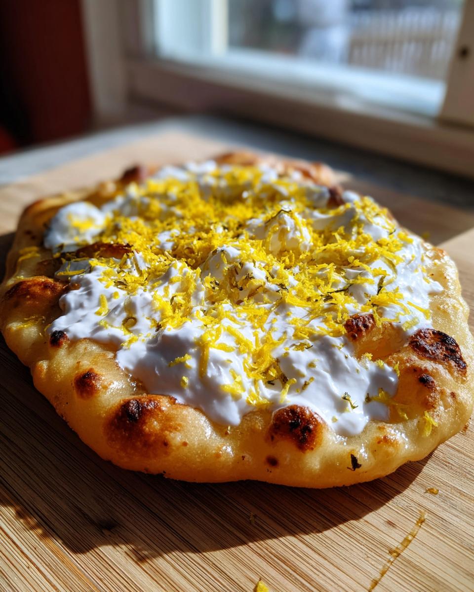 Ein frisch zubereiteter HEISSLUFTFRITTEUSE LANGOS mit weißem Quark/Sauerrahm und gelbem Zitronenabrieb auf einem Holzbrett.