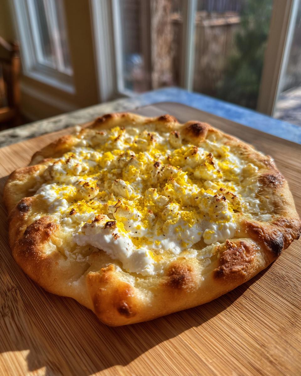 Ein runder, goldbraun gebackener HEISSLUFTFRITTEUSE LANGOS belegt mit weißem Käse und gelben Gewürzen auf einem Holzbrett.