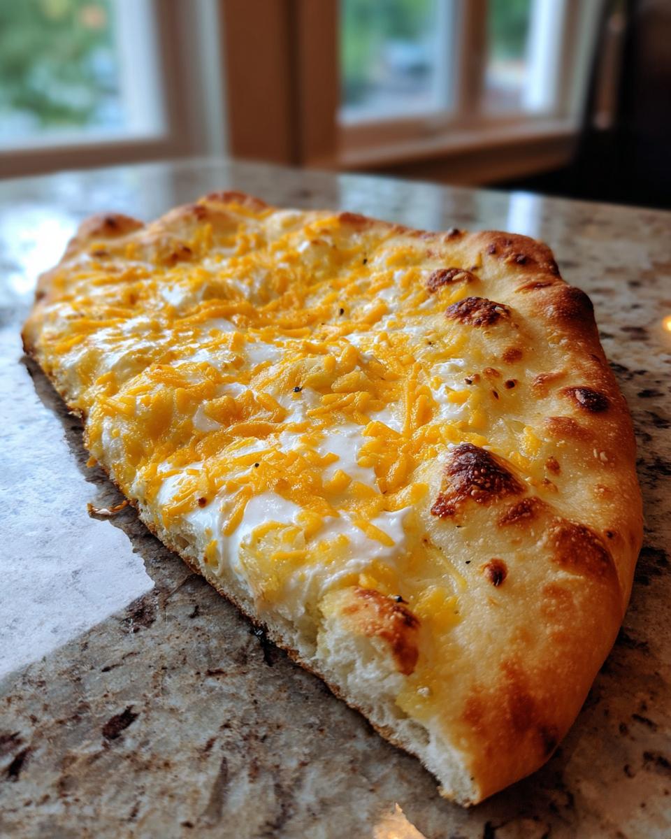 Ein Stück frisch zubereiteter HEISSLUFTFRITTEUSE LANGOS mit cremiger Basis und geschmolzenem Cheddar-Käse.