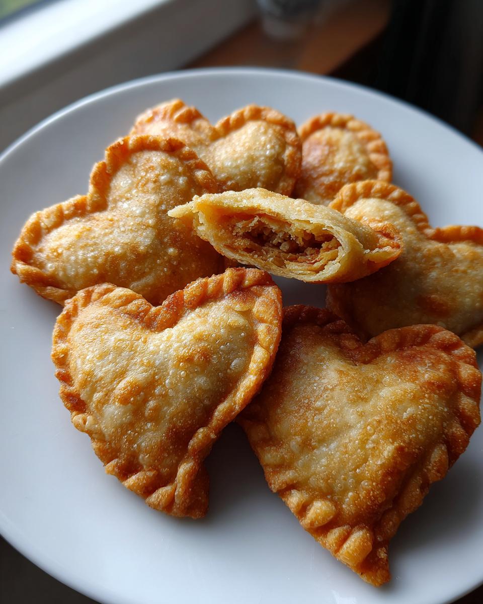 Mehrere goldbraune, frittierte Herzform Teigtaschen Valentinstag auf einem weißen Teller, eines ist aufgeschnitten.