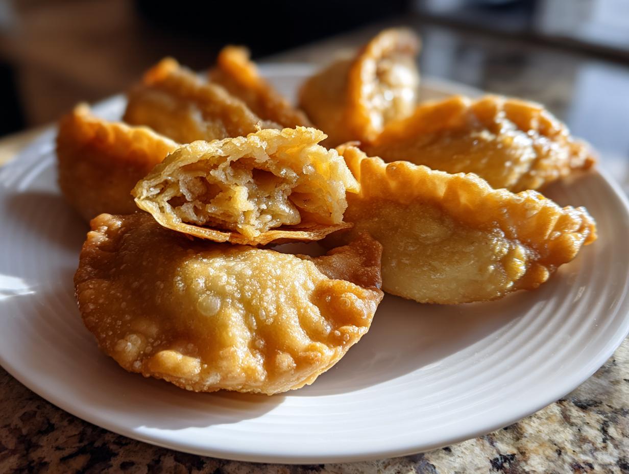 Nahaufnahme von goldbraunen, frittierten Herzform Teigtaschen Valentinstag auf einem weißen Teller, eines ist aufgeschnitten.