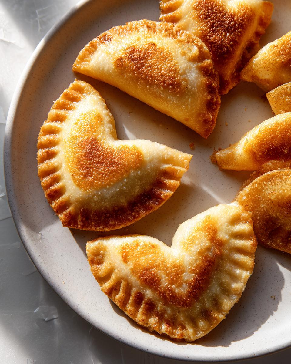 Nahaufnahme von goldbraun gebratenen Herzform Teigtaschen Valentinstag auf einem hellen Teller.