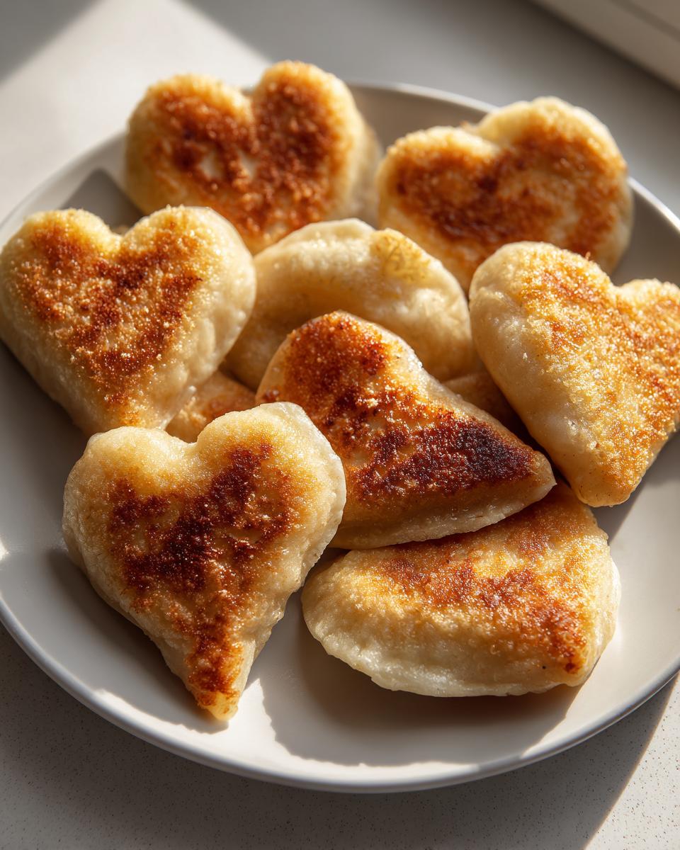 Teller mit goldbraun gebratenen Herzform Teigtaschen Valentinstag, perfekt für den Valentinstag.