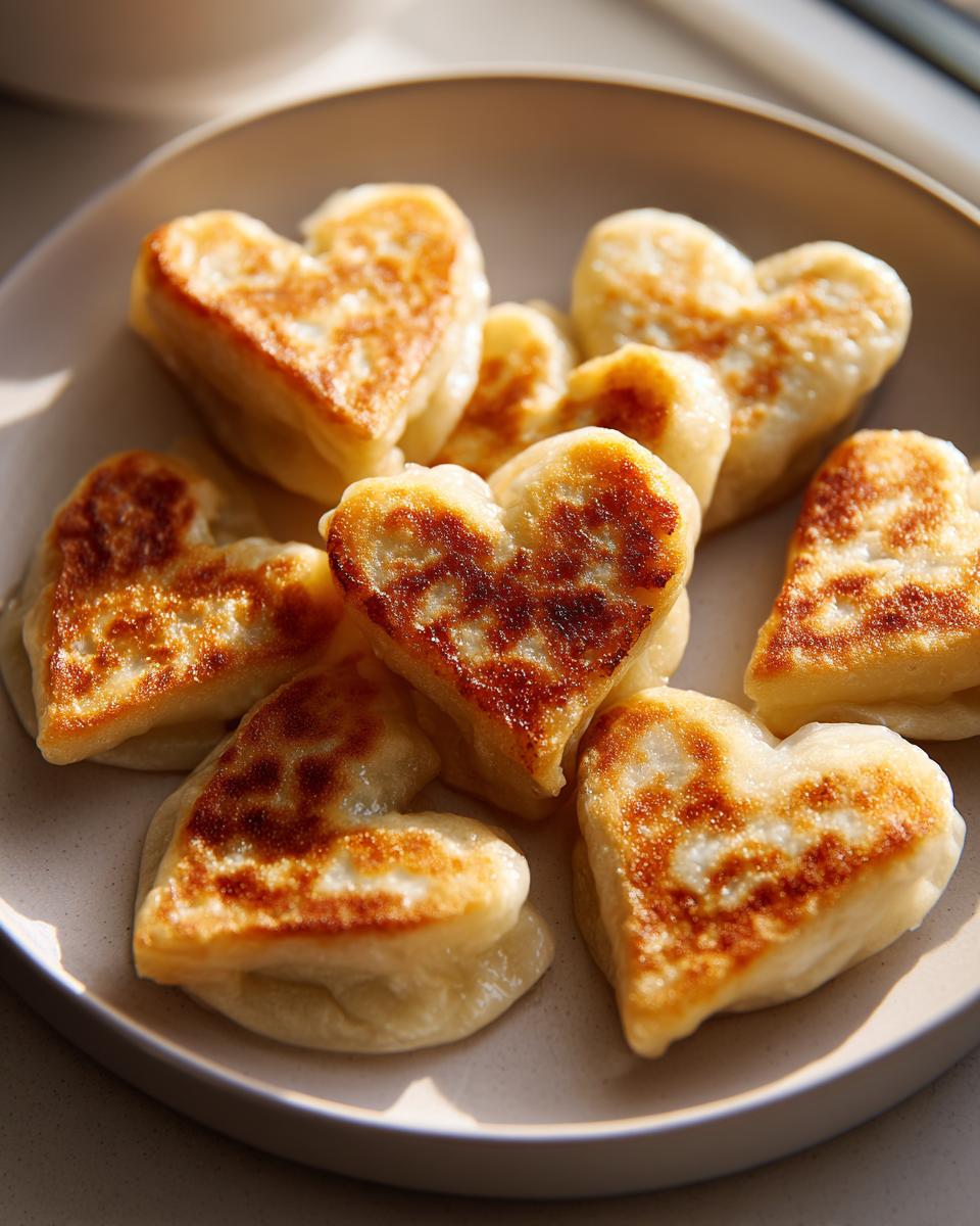 Mehrere goldbraun gebratene Herzform Teigtaschen Valentinstag auf einem hellen Teller.