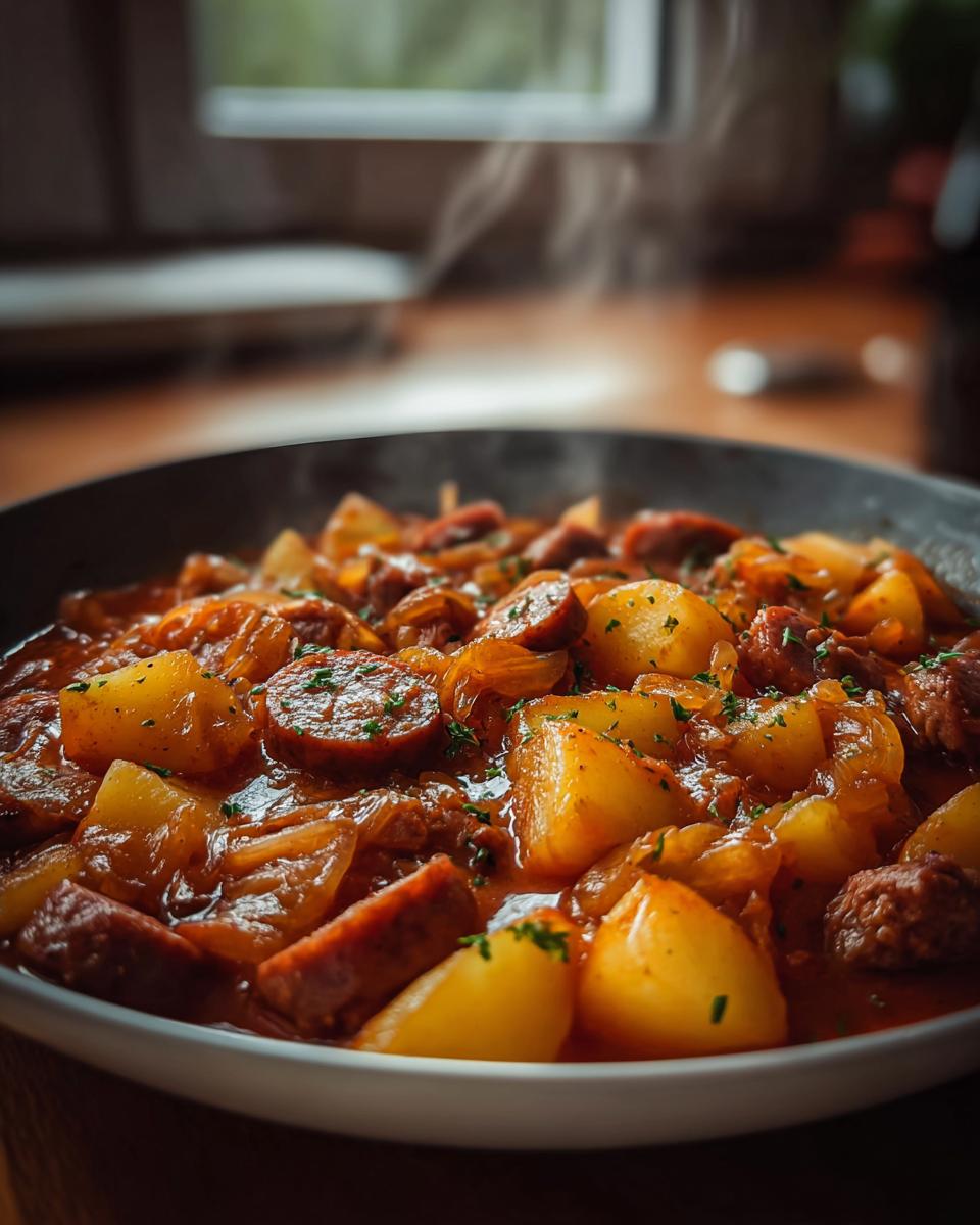 Nahaufnahme von dampfendem Herzhaftes Bratwurst-Kartoffel-Gulasch mit Kartoffelstücken und Wurstscheiben.