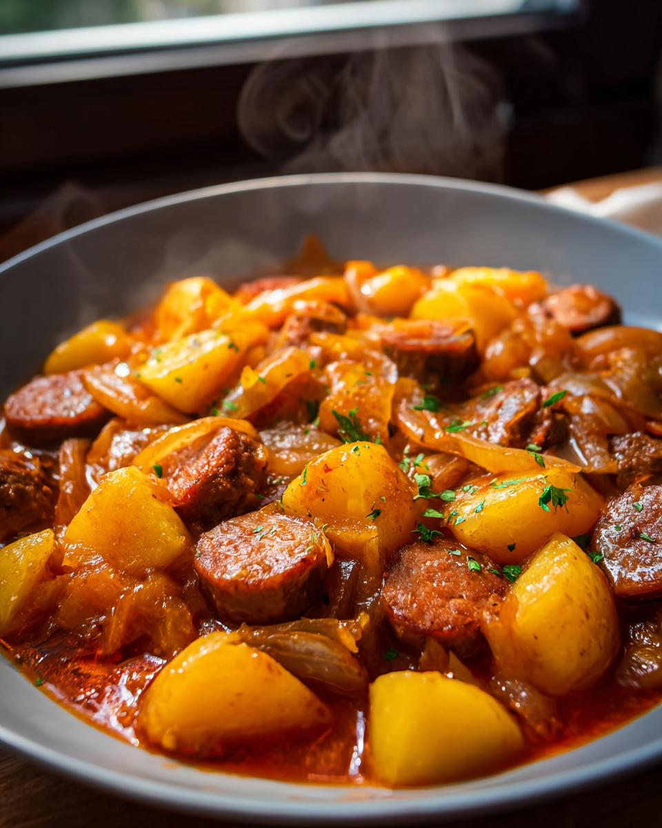Nahaufnahme von dampfendem Herzhaftes Bratwurst-Kartoffel-Gulasch mit Kartoffelstücken und Wurstscheiben in einer Schüssel.