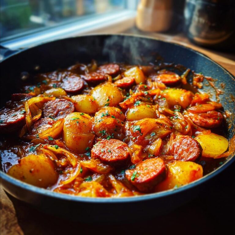 Nahaufnahme eines dampfenden Herzhaftes Bratwurst-Kartoffel-Gulasch mit Kartoffelstücken und Wurstscheiben in einer Pfanne.