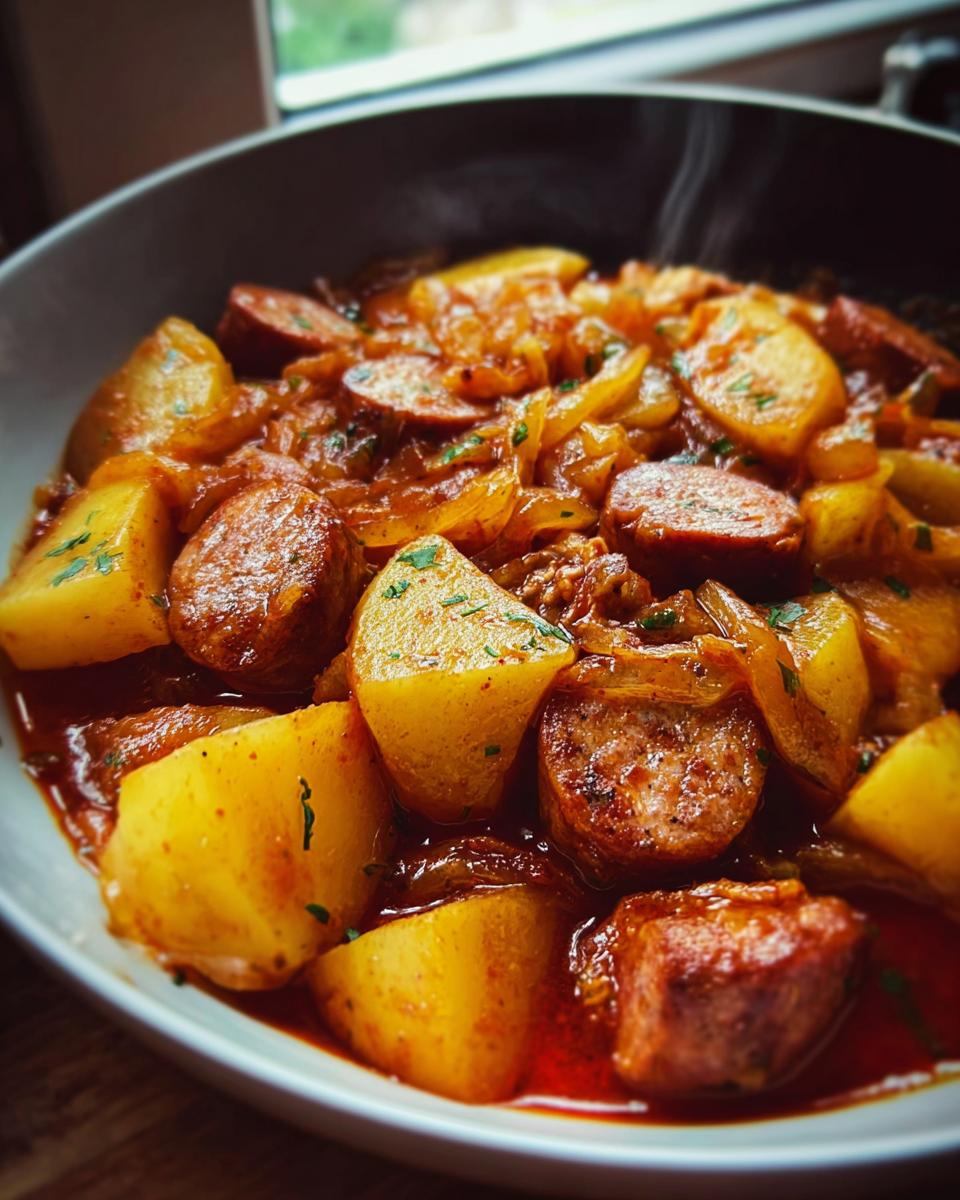 Nahaufnahme von dampfendem Herzhaftes Bratwurst-Kartoffel-Gulasch mit Kartoffelstücken und Wurstscheiben in einer Schüssel.