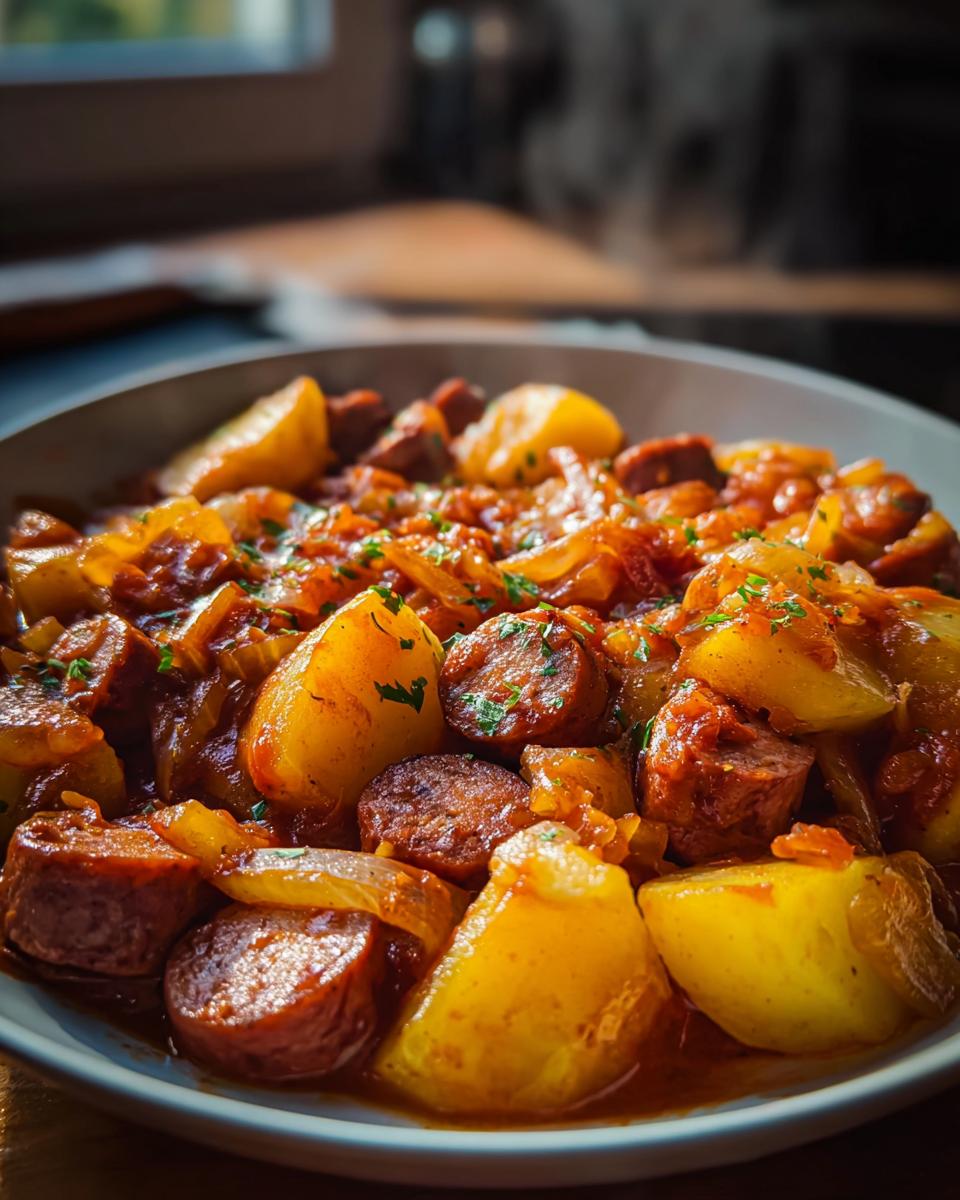Nahaufnahme von herzhaftem Bratwurst-Kartoffel-Gulasch mit großen Kartoffelstücken und Wurstscheiben in einer würzigen Soße.