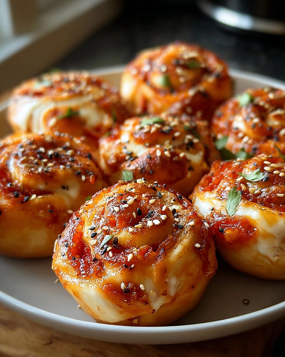 Nahaufnahme von mehreren gebackenen Herzhaftes Fingerfood Pizza Bällchen, bestreut mit weißem und schwarzem Sesam.