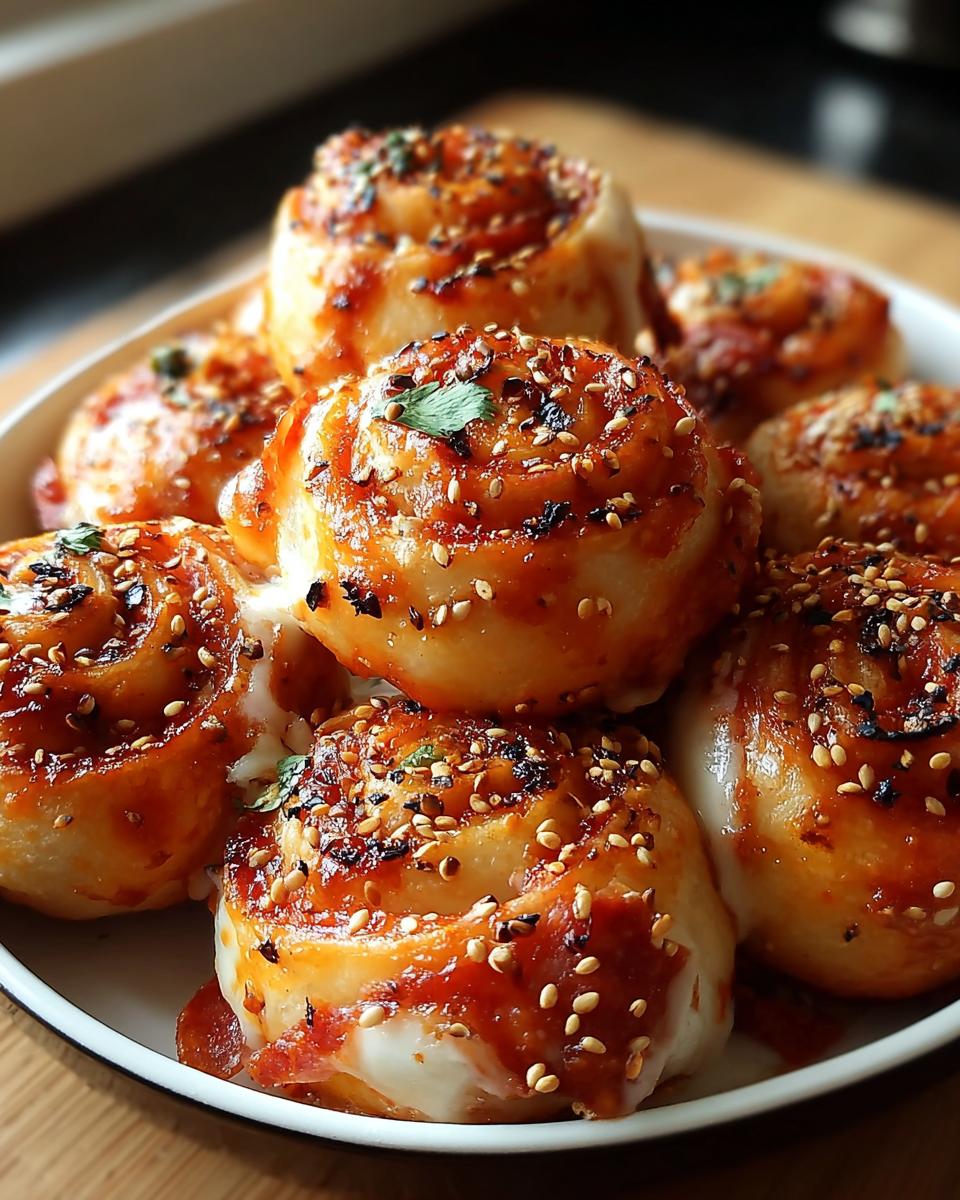 Nahaufnahme von saftigen Herzhaftes Fingerfood Pizza Bällchen, glasiert und mit Sesam bestreut, auf einem Teller.