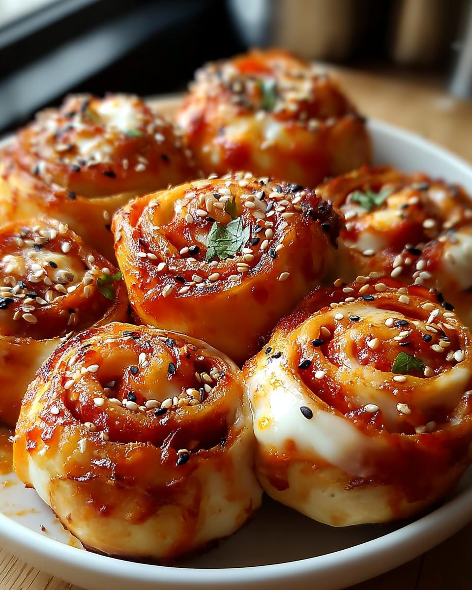 Nahaufnahme von mehreren saftigen Herzhaftes Fingerfood Pizza Bällchen, bestreut mit weißem und schwarzem Sesam.