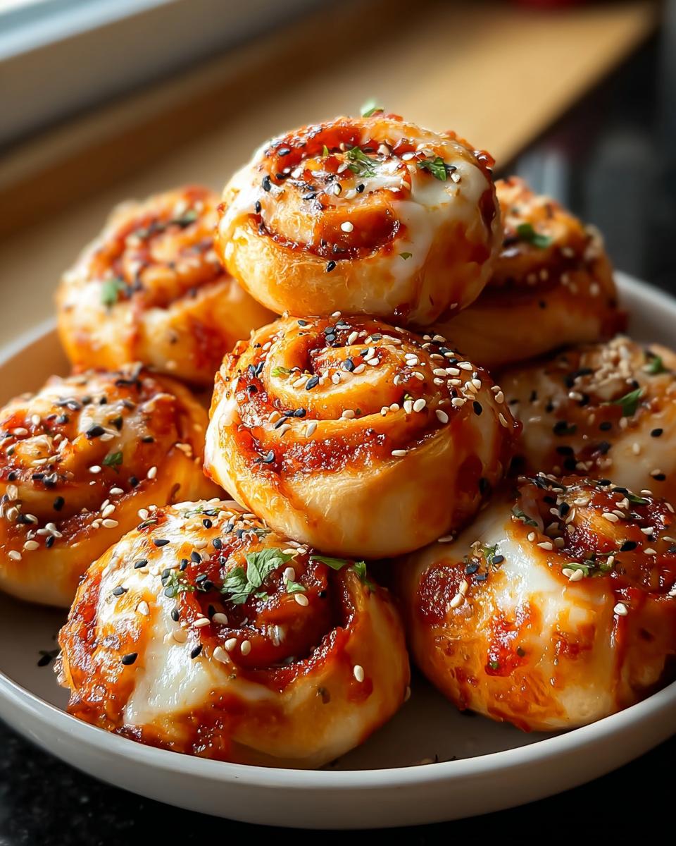 Ein Stapel goldbrauner Herzhaftes Fingerfood Pizza Bällchen, belegt mit geschmolzenem Käse und Sesam.