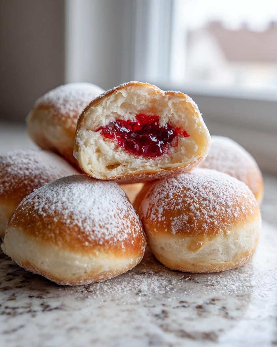 Ein aufgeschnittenes Himbeer-Mürbteig-Röllchen zeigt die rote Himbeerfüllung, umgeben von weiteren bestäubten Gebäckstücken.