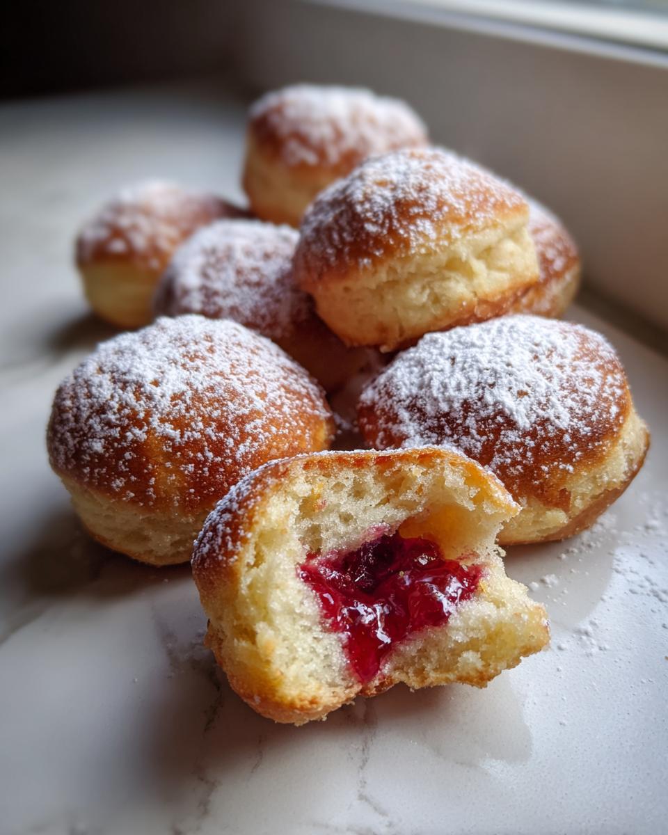 Ein aufgeschnittenes Himbeer-Mürbteig-Röllchen zeigt die leuchtend rote Himbeerfüllung, umgeben von weiteren gezuckerten Röllchen.