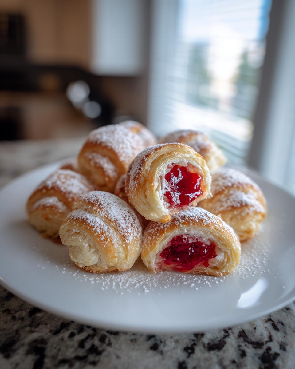 Ein Teller mit goldbraunen Himbeer-Mürbteig-Röllchen, bestäubt mit Puderzucker, eines ist aufgeschnitten und zeigt die rote Himbeerfüllung.