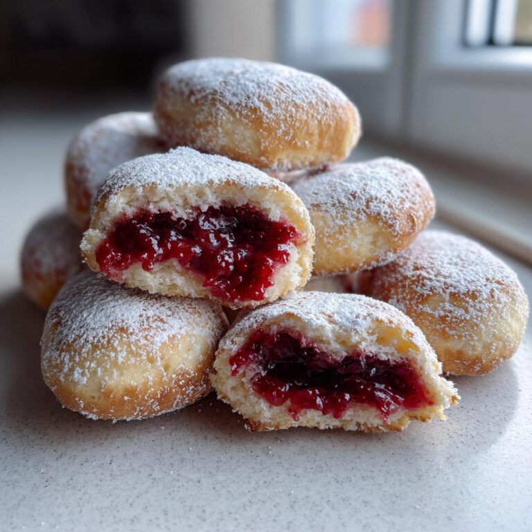 Stapel von Himbeer-Mürbteig-Röllchen, bestäubt mit Puderzucker, eines aufgeschnitten zeigt die rote Himbeerfüllung.
