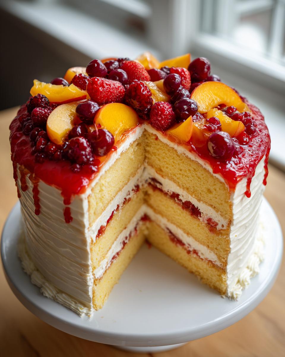 Anschnitt einer mehrstöckigen Hochzeitstorten mit Früchten, gefüllt mit Sahne und Marmelade, gekrönt mit Beeren und Pfirsichscheiben.