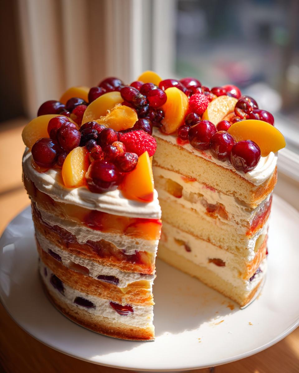 Anschnitt einer mehrstöckigen Hochzeitstorten mit Früchten, belegt mit Kirschen und Pfirsichen, auf einem weißen Teller.