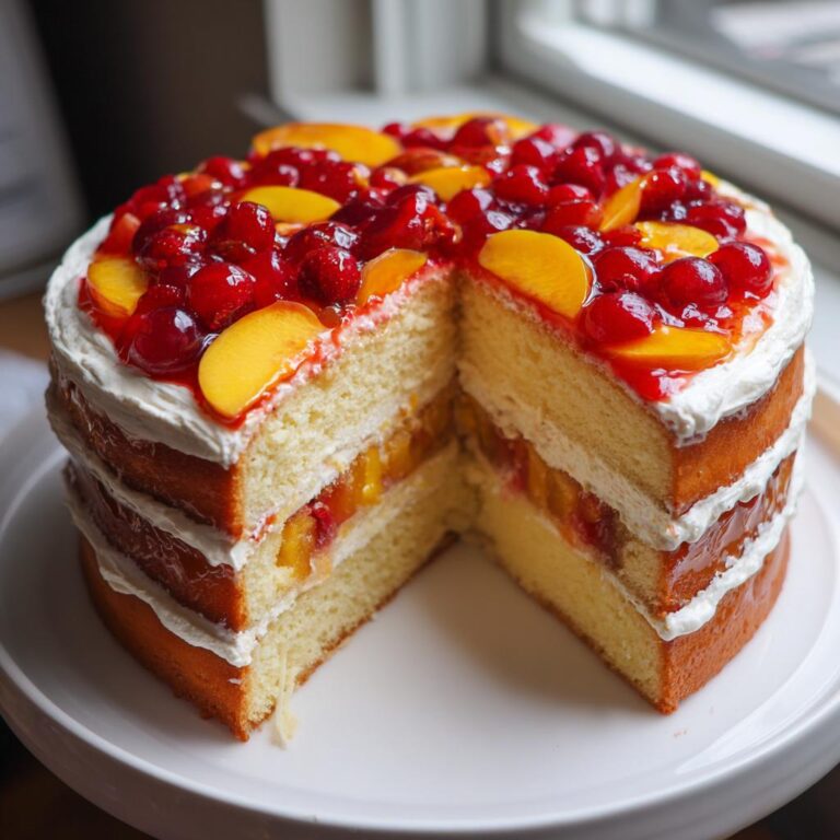 Anschnitt einer mehrstöckigen Hochzeitstorten mit Früchten, gefüllt mit Pfirsichen und Kirschen und bedeckt mit Sahne.