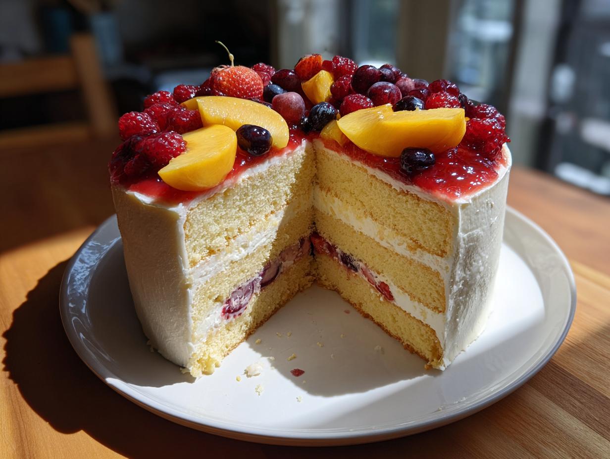 Anschnitt einer mehrstöckigen Hochzeitstorten mit Früchten, gefüllt mit Sahne und belegt mit Beeren und Pfirsichscheiben.