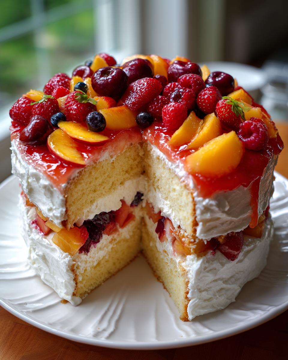 Schnittansicht einer mehrstöckigen Hochzeitstorte mit Früchten, Sahne und hellem Biskuitboden.