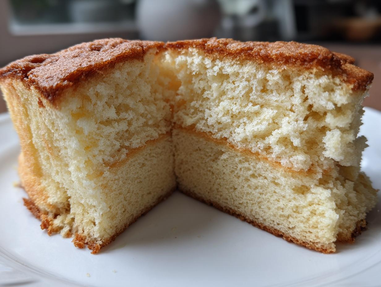 Nahaufnahme eines aufgeschnittenen Hoher Biskuitboden zum zweifachen Teilen, der die luftige Textur zeigt.