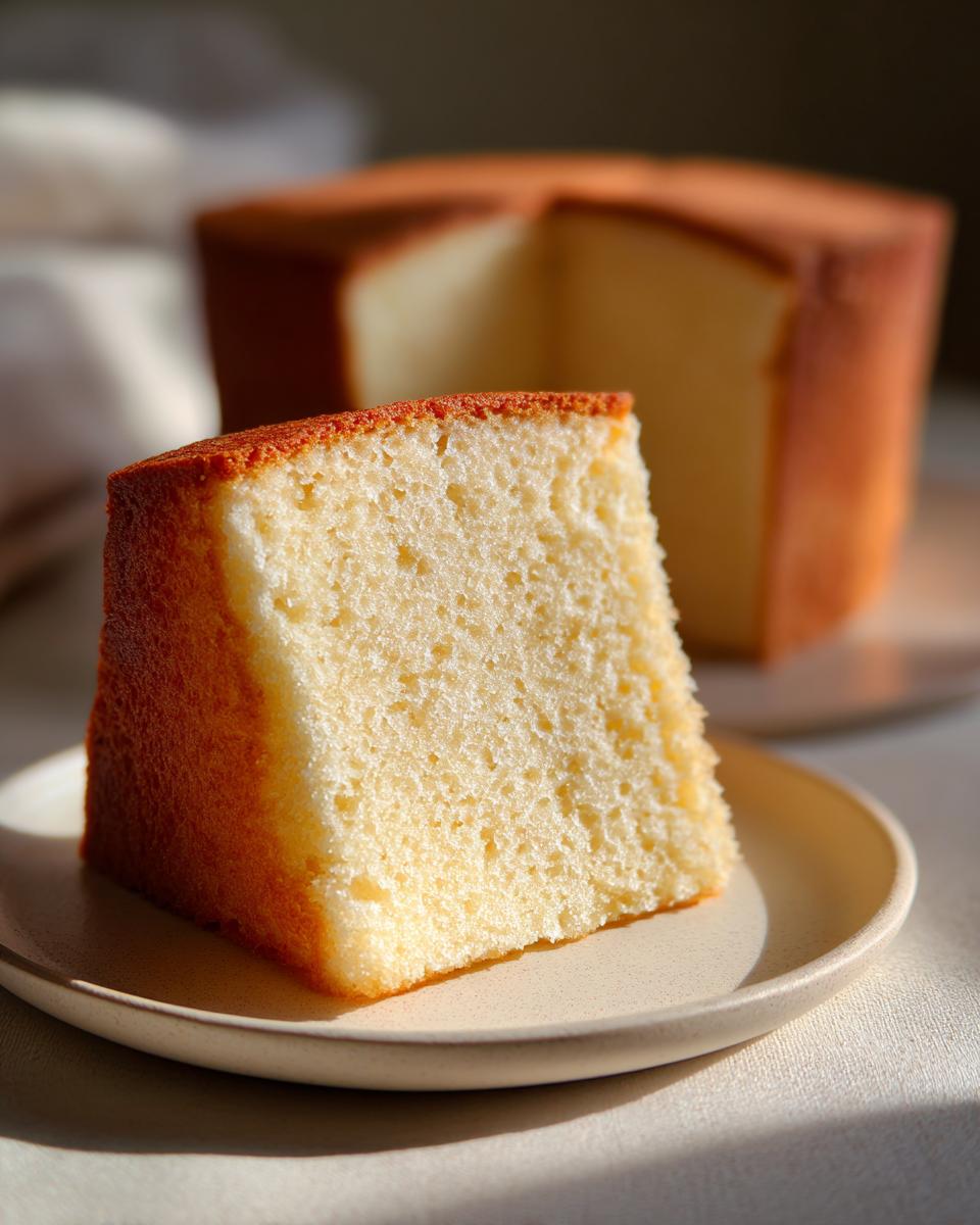 Nahaufnahme eines hohen Biskuitbodens zum zweifachen Teilen, auf einem Teller liegend, mit dem Rest des Kuchens im Hintergrund.