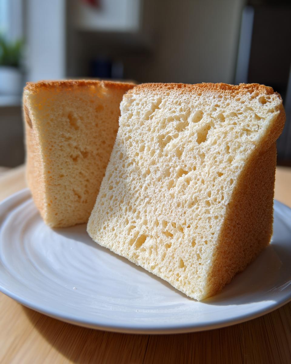 Zwei hohe, luftige Scheiben des Hoher Biskuitboden zum zweifachen Teilen auf einem hellen Teller.